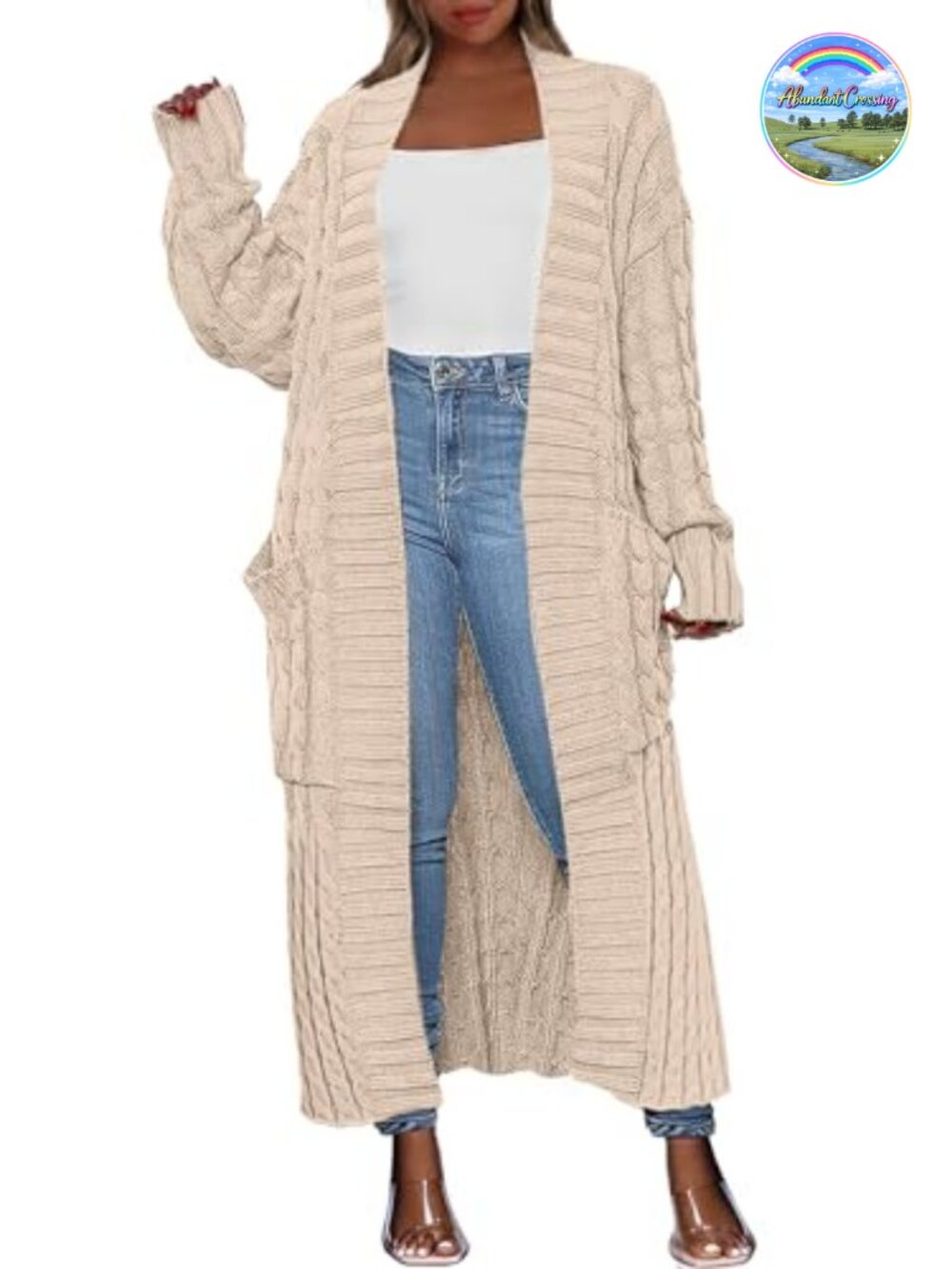 Open Front Cable Knit Long Cardigan Sweater with Pockets